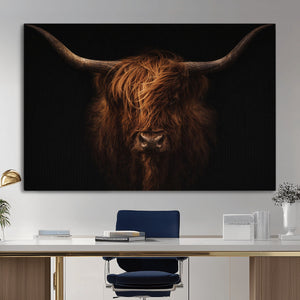 Highland Cow Wall Art Canvas Print – Moody Dark Rustic