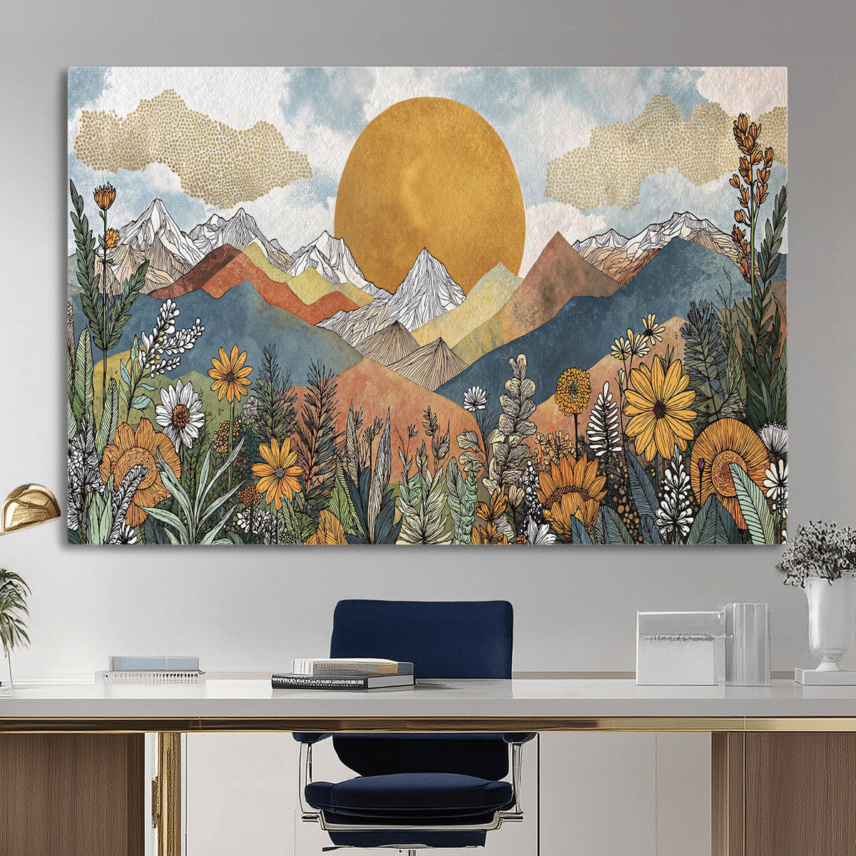 Boho Mountain Landscape Large Wall Art, Horizontal Gold