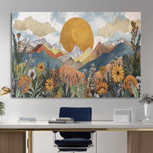 Boho Mountain Landscape Large Wall Art, Horizontal Gold
