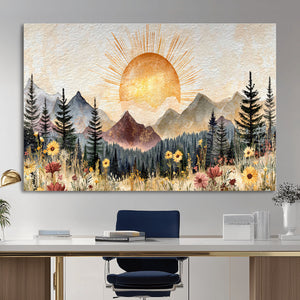 Boho Mountain Landscape Large Wall Art, Horizontal Gold