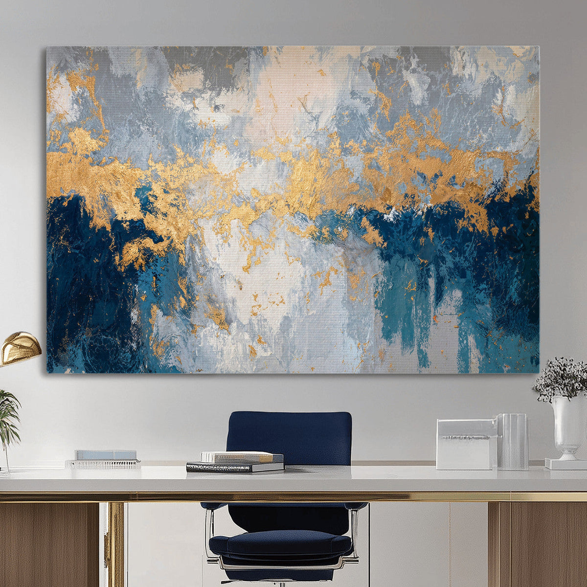 Blue Gold Abstract Large Framed Canvas Wall Art, Modern