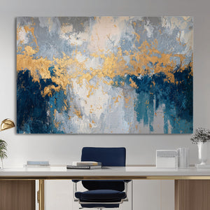 Blue Gold Abstract Large Framed Canvas Wall Art, Modern