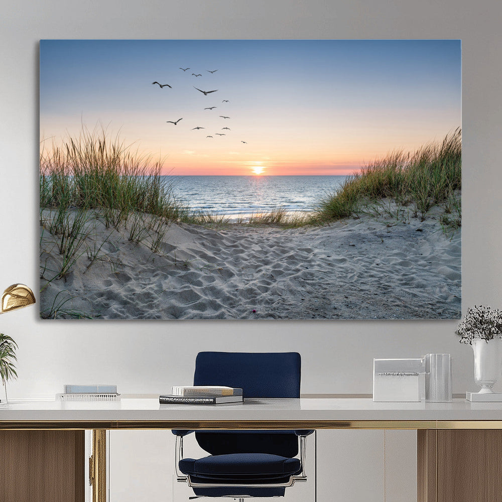 Sandy Dune Path Sunset Canvas Wall Art — Seagulls Beach