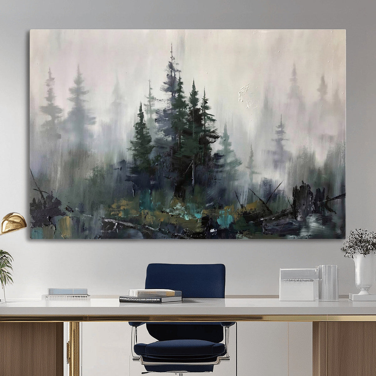 Misty Pine Forest Oil Painting Canvas — Dark Moody Teal Grey