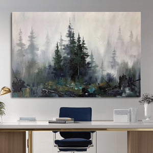Misty Pine Forest Oil Painting Canvas — Dark Moody Teal Grey