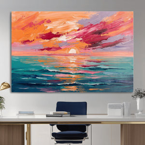 Bold Palette Knife Ocean Sunset Canvas — Orange Pink Teal