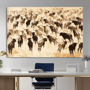 Texas Longhorn Sepia Canvas Wall Art, Western Cattle