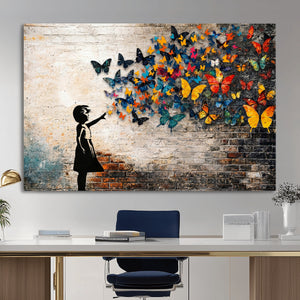 Banksy Graffiti Butterfly Girl Wall Art Canvas Print, Framed