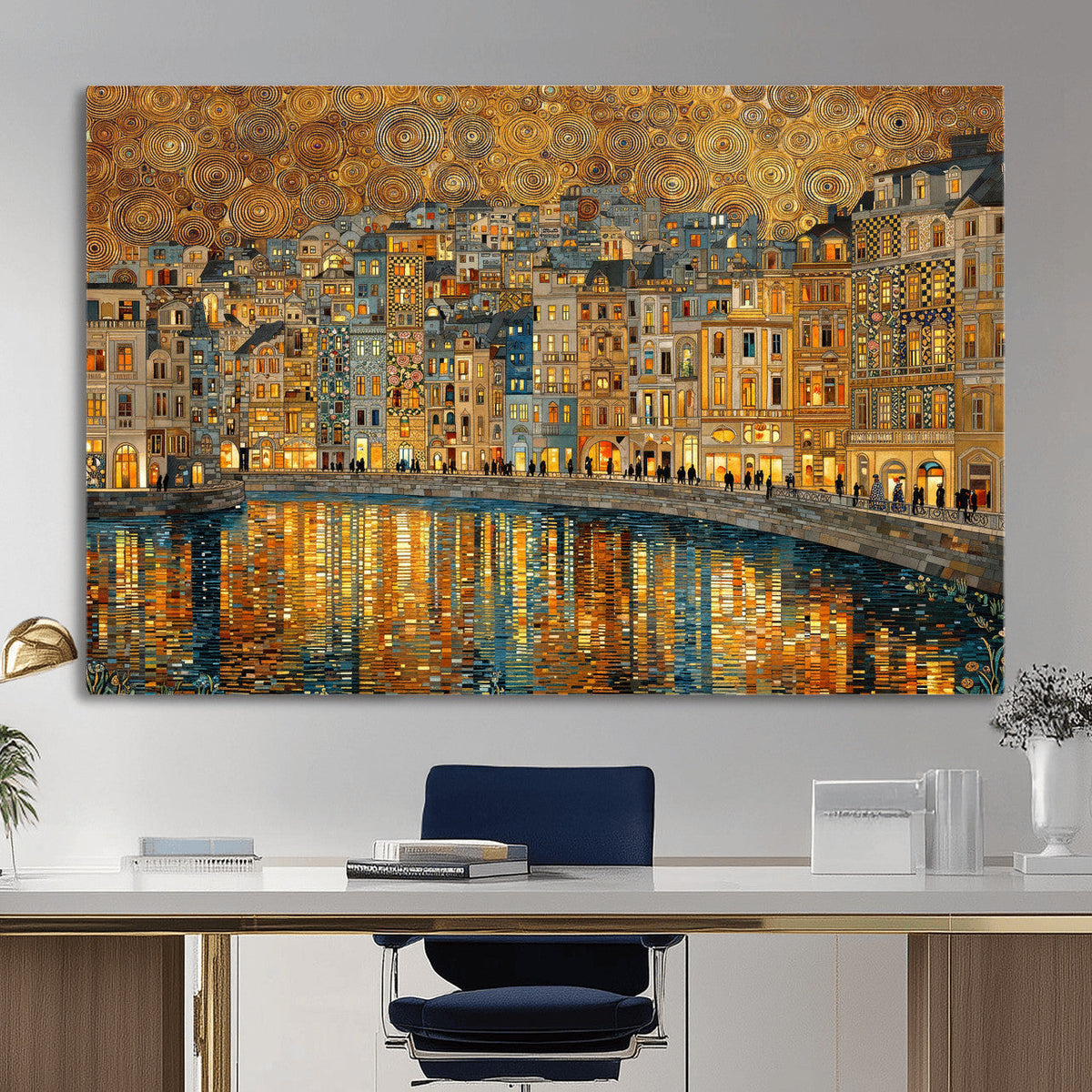 Gustav Klimt Golden Cityscape Wall Art Canvas Print, Framed