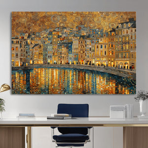 Gustav Klimt Golden Cityscape Wall Art Canvas Print, Framed