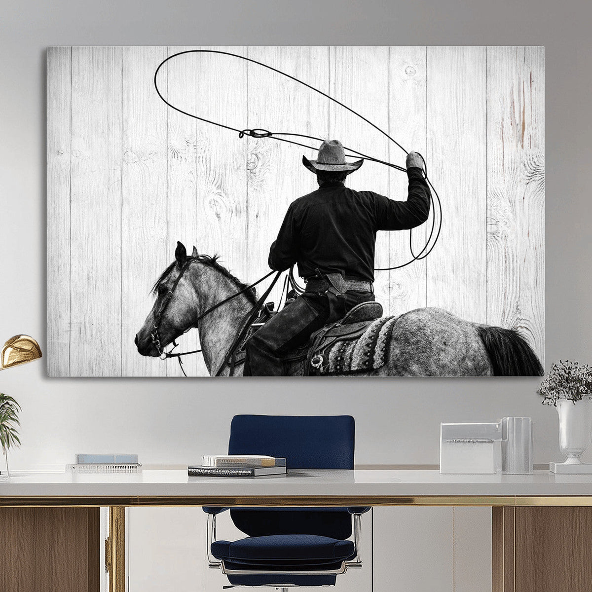 Cowboy Lasso Canvas Wall Art, Black White Western Horse