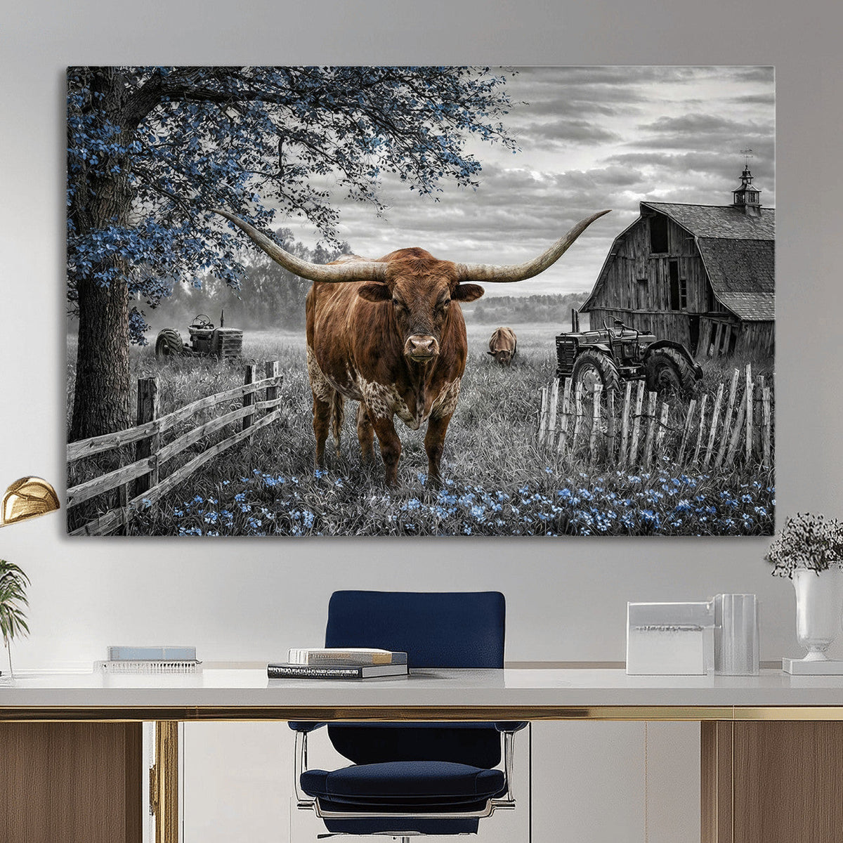 Texas Longhorn Canvas Wall Art, Rustic Farm Barn Bluebonnet