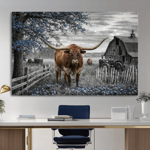 Texas Longhorn Canvas Wall Art, Rustic Farm Barn Bluebonnet