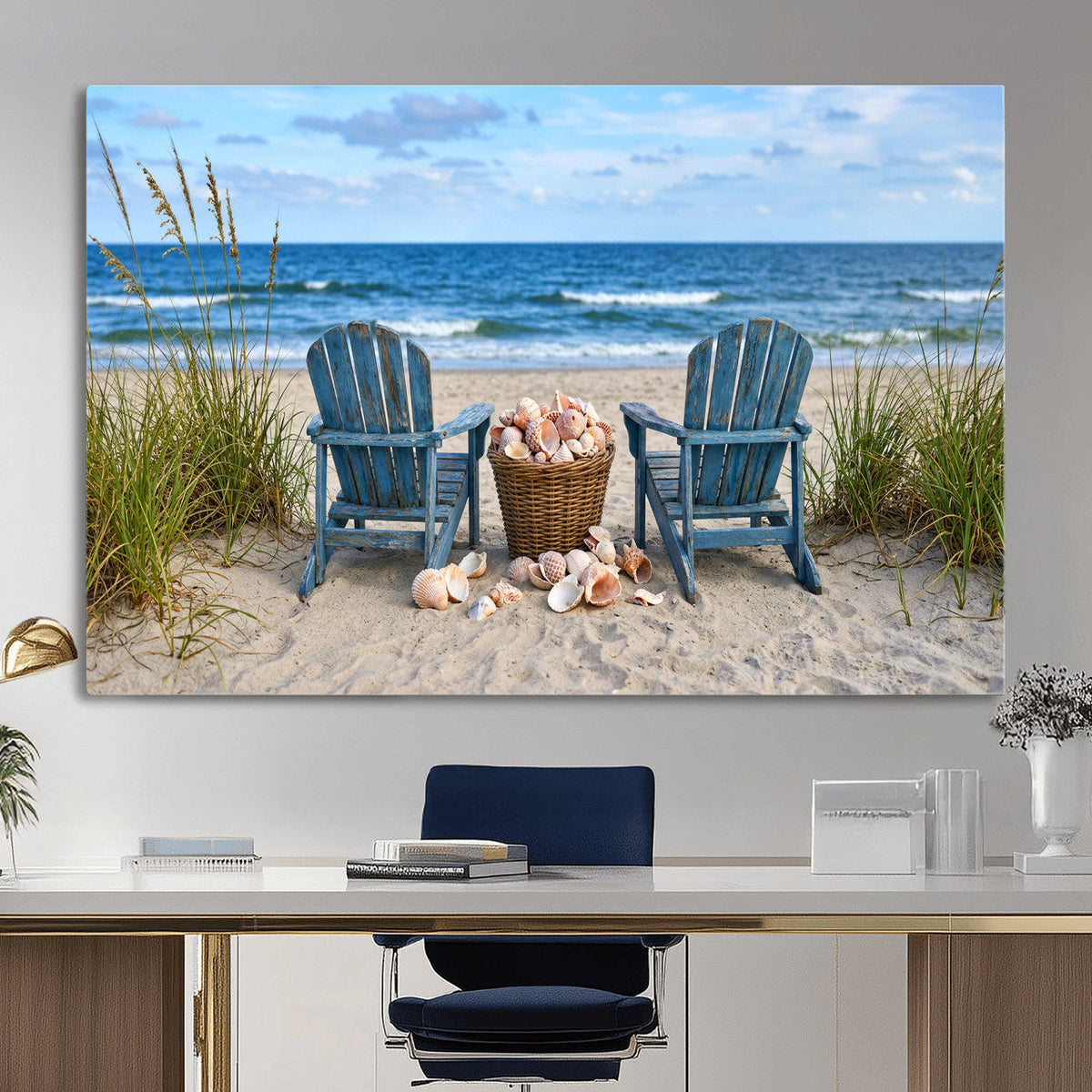 Large Beach Canvas Wall Art Coastal Adirondack Chairs Ocean