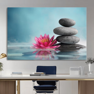 Zen Canvas Wall Art Lotus Flower Stacked Stones Teal Spa