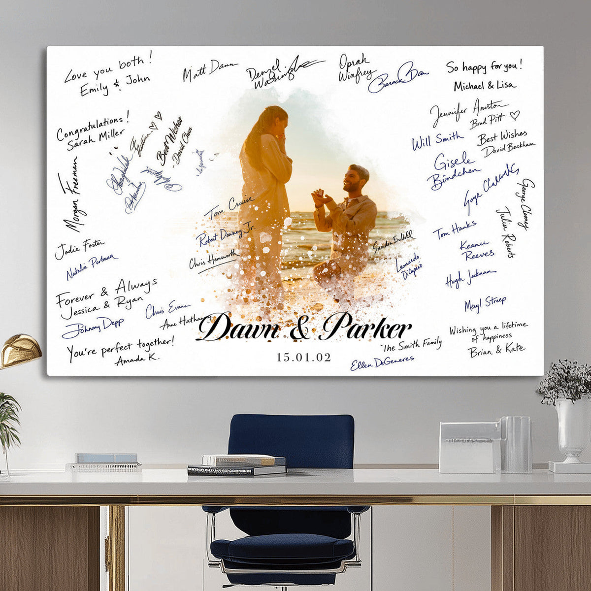 Wedding Guest Book Alternative Wall Art Canvas Print, Personalized Wedding Signature Poster, Custom Couple Photo Guestbook Canvas, Bridal Shower Reception Decor