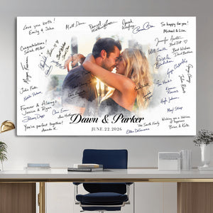 Wedding Guest Book Alternative Wall Art Canvas Print, Personalized Wedding Signature Poster, Custom Couple Photo Guestbook Canvas, Bridal Shower Reception Decor