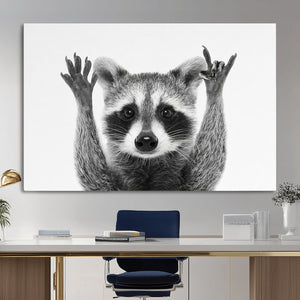 Funny Raccoon Canvas Wall Art, Black White Hands Up Animal Photo Print, Humorous Wildlife Decor, Kids Room Nursery Art, Quirky Animal Gift