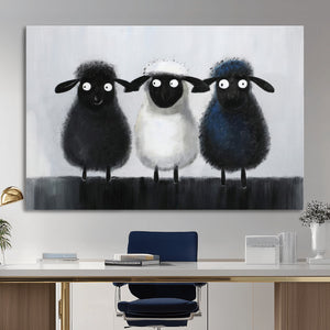 Funny Sheep Canvas Wall Art, Three Quirky Sheep Painting Print, Cute Animal Nursery Decor, Black White Navy Farmhouse Art, Kids Room Gift