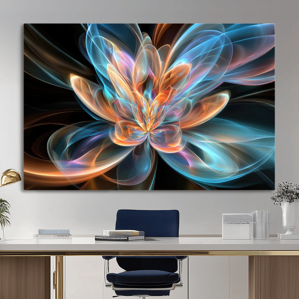 Fractal Lotus Canvas Wall Art, Blue Orange Glowing Flower Abstract Print, Modern Zen Meditation Room Decor, Ethereal Digital Art, Living Room