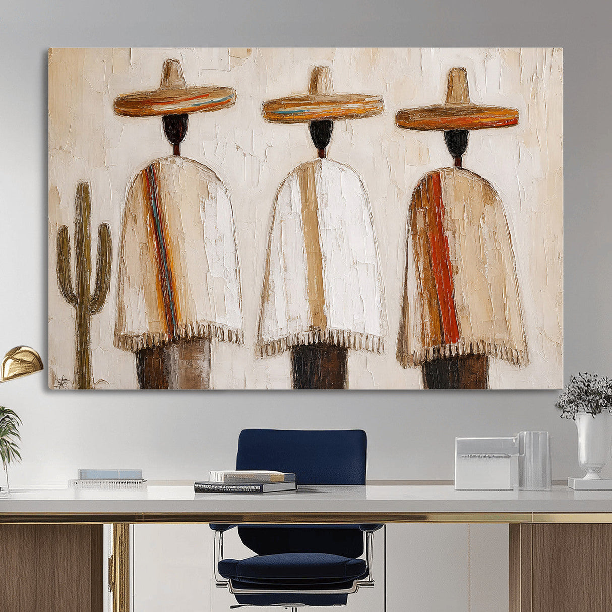 Mexican Wall Art Canvas Print, Southwestern Sombrero Poncho Painting, Neutral Earthy Boho Decor, Fiesta Living Room Art, Impasto Style Print
