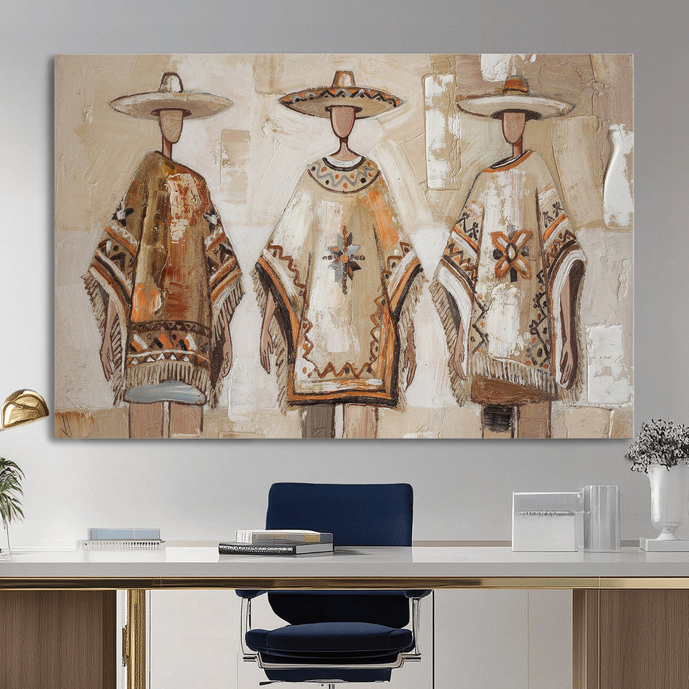 Mexican Folk Art Canvas Wall Art, Charro Poncho Sombrero Painting Print, Neutral Beige Boho Decor, Southwestern Impasto Style, Living Room Art