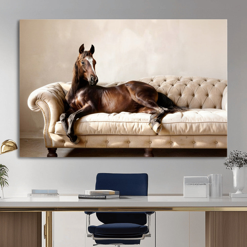 Funny Horse on Sofa Canvas Wall Art, Quirky Horse Lounging Photo Print, Whimsical Animal Decor, Living Room Conversation Art, Horse Lover Gift