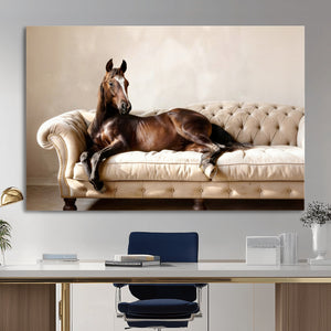 Funny Horse on Sofa Canvas Wall Art, Quirky Horse Lounging Photo Print, Whimsical Animal Decor, Living Room Conversation Art, Horse Lover Gift