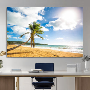 Tropical Beach Canvas Wall Art, Palm Tree Ocean Photo Print, Coastal Living Room Decor, Turquoise Sea Beach House Art, Summer Wall Art