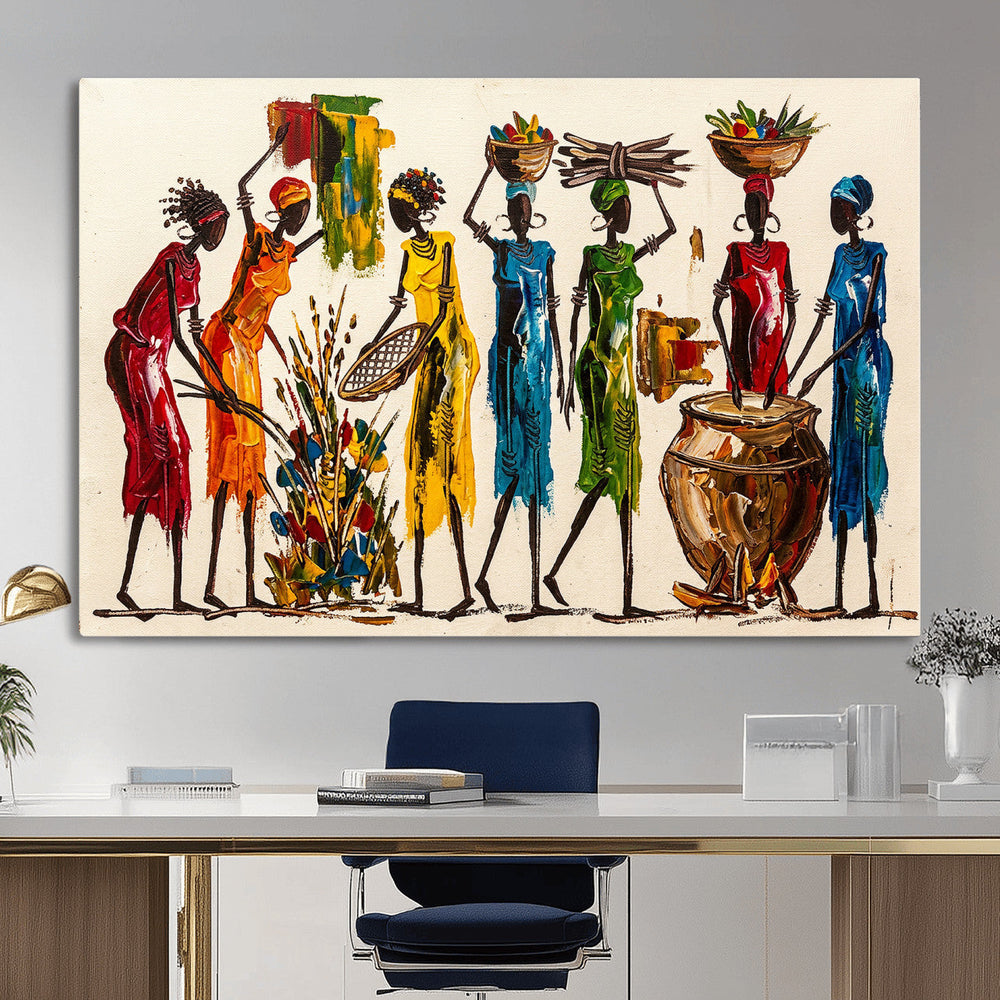 African Folk Art Canvas Wall Art, Colorful African Women Village Painting Print, Tribal Ethnic Home Decor, Vibrant African Art, Living Room