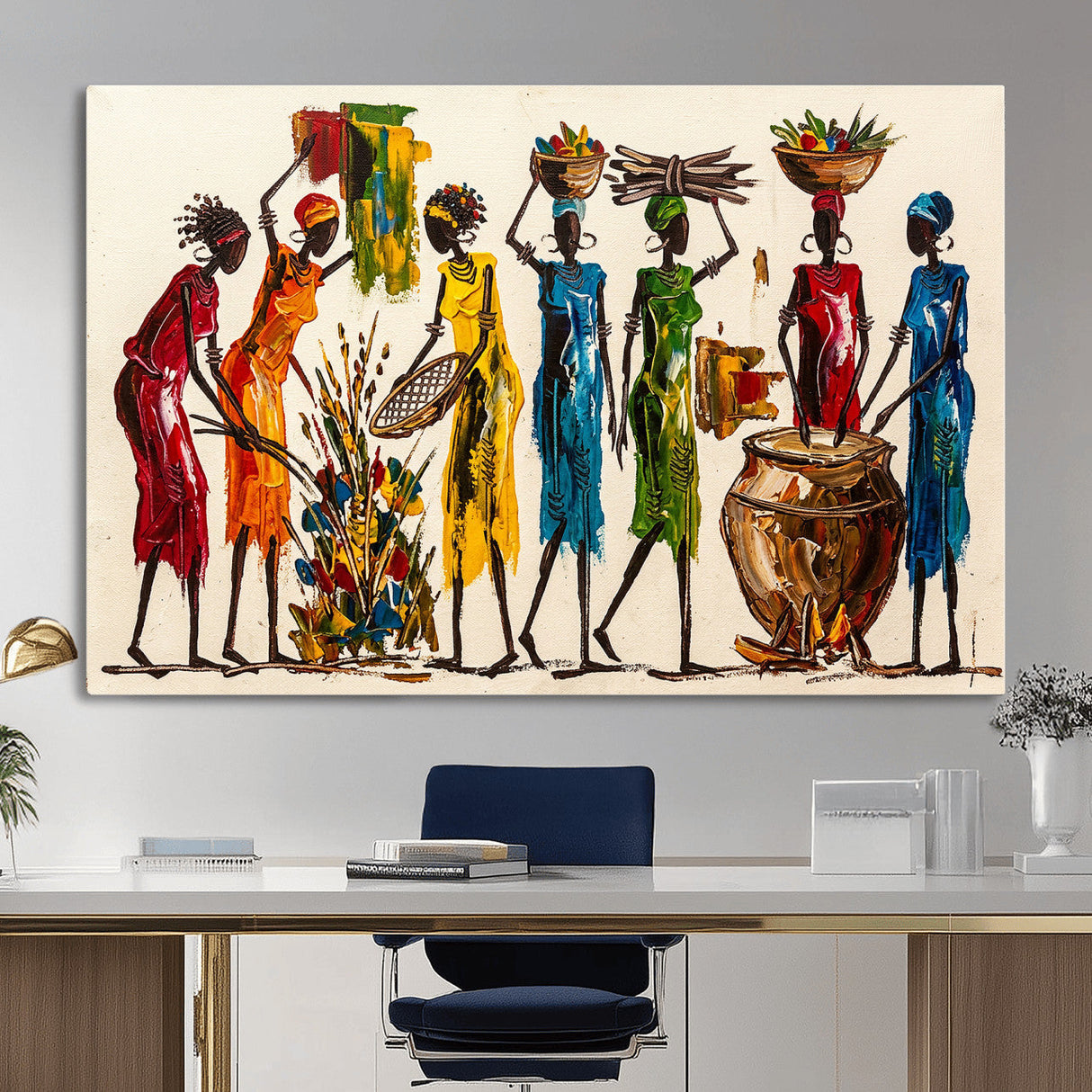 African Folk Art Canvas Wall Art, Colorful African Women Village Painting Print, Tribal Ethnic Home Decor, Vibrant African Art, Living Room