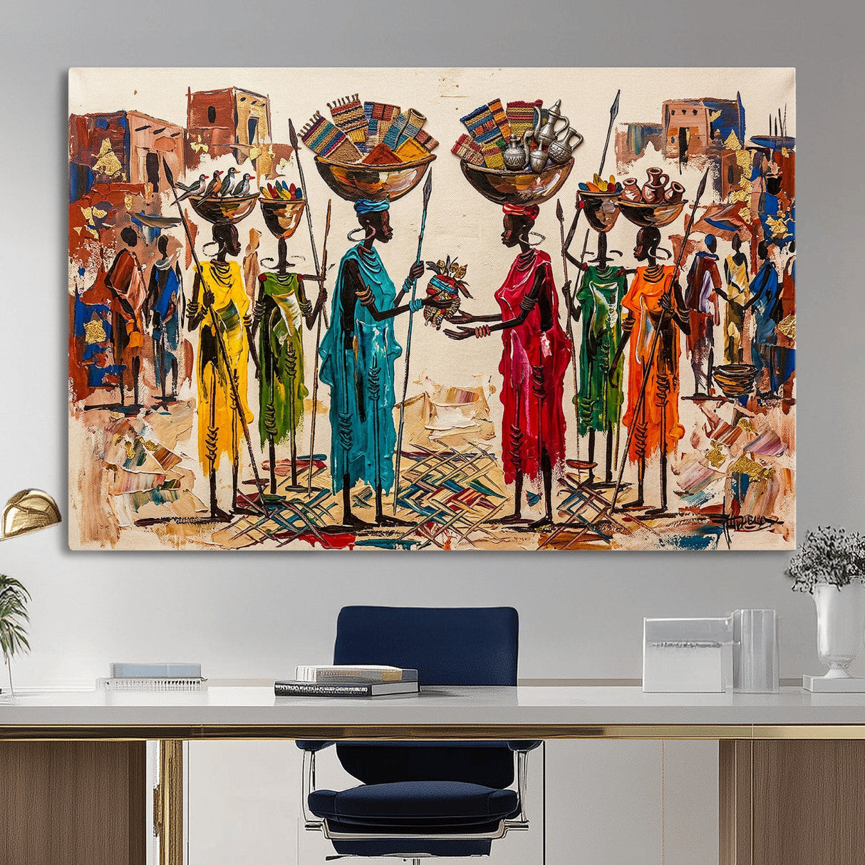 African Folk Art Canvas Wall Art, Colorful African Women Village Painting Print, Tribal Ethnic Home Decor, Vibrant African Art, Living Room