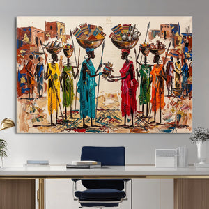 African Folk Art Canvas Wall Art, Colorful African Women Village Painting Print, Tribal Ethnic Home Decor, Vibrant African Art, Living Room