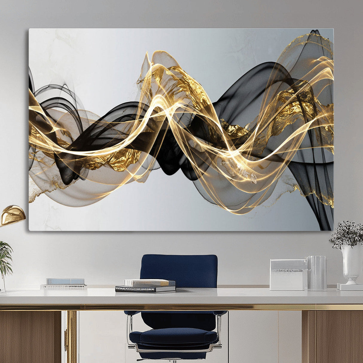 Black and Gold Abstract Wall Art, Modern Wave Canvas Print, Elegant Flowing Smoke Art, Luxury Living Room Decor