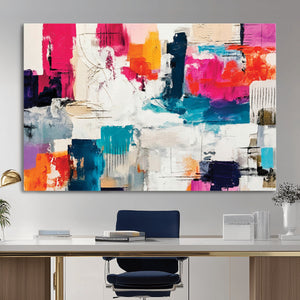 Blue Teal Abstract Canvas Wall Art, Modern Textured Painting Print, Navy Orange White Contemporary Art, Neutral Living Room Decor, Office Art