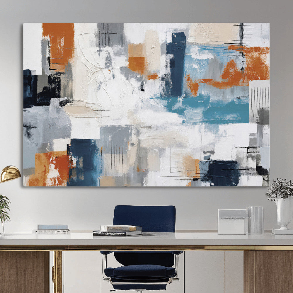 Blue Teal Abstract Canvas Wall Art, Modern Textured Painting Print, Navy Orange White Contemporary Art, Neutral Living Room Decor, Office Art