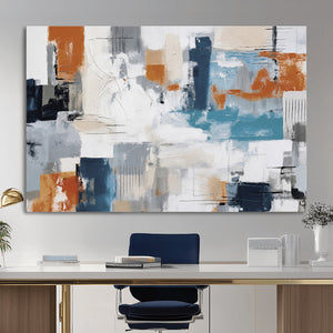 Blue Teal Abstract Canvas Wall Art, Modern Textured Painting Print, Navy Orange White Contemporary Art, Neutral Living Room Decor, Office Art