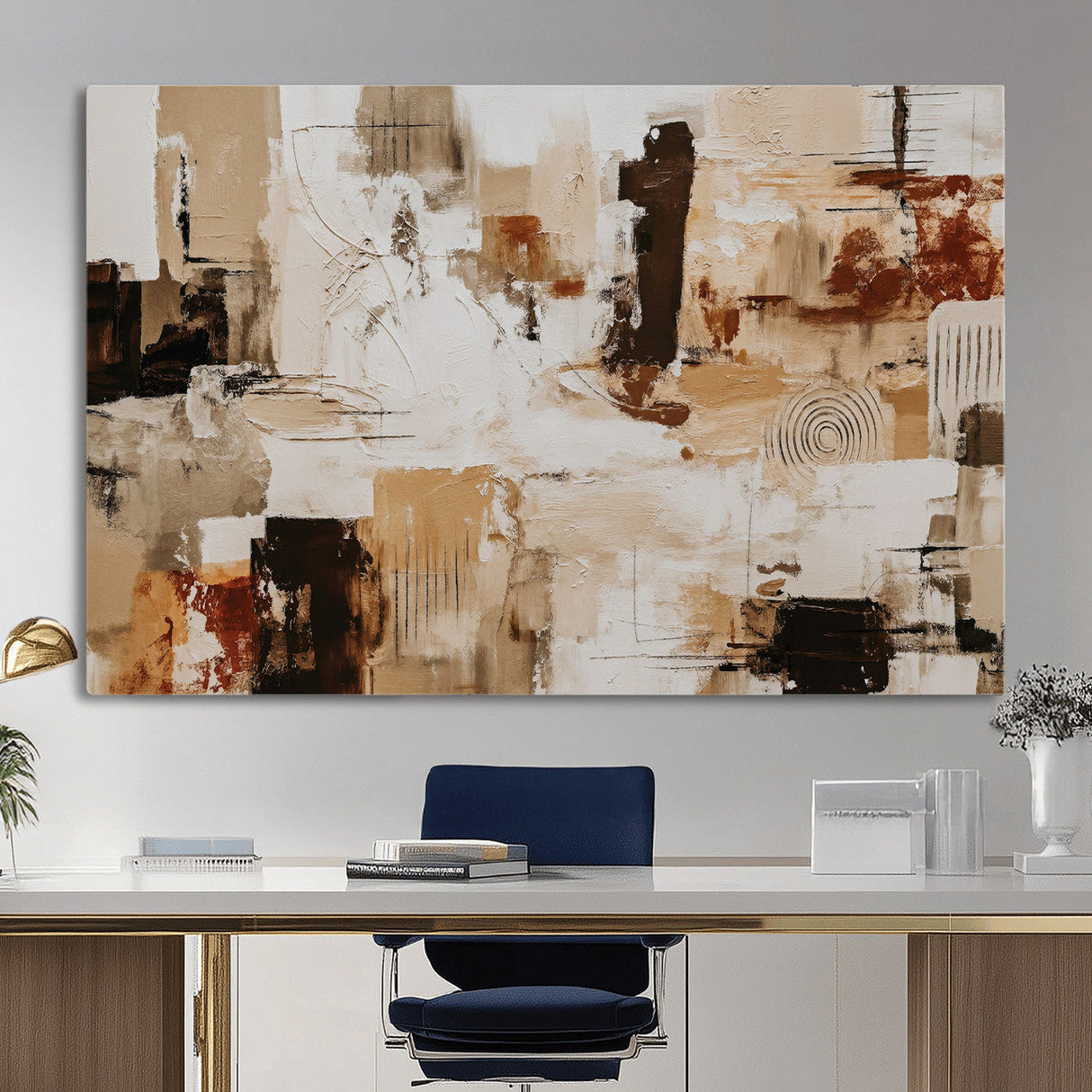 Blue Teal Abstract Canvas Wall Art, Modern Textured Painting Print, Navy Orange White Contemporary Art, Neutral Living Room Decor, Office Art