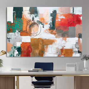 Blue Teal Abstract Canvas Wall Art, Modern Textured Painting Print, Navy Orange White Contemporary Art, Neutral Living Room Decor, Office Art