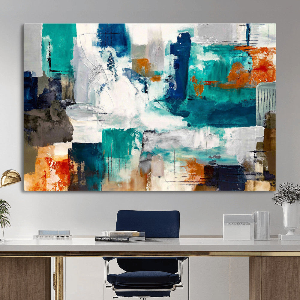 Blue Teal Abstract Canvas Wall Art, Modern Textured Painting Print, Navy Orange White Contemporary Art, Neutral Living Room Decor, Office Art