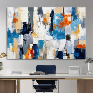 Blue Teal Abstract Canvas Wall Art, Modern Textured Painting Print, Navy Orange White Contemporary Art, Neutral Living Room Decor, Office Art