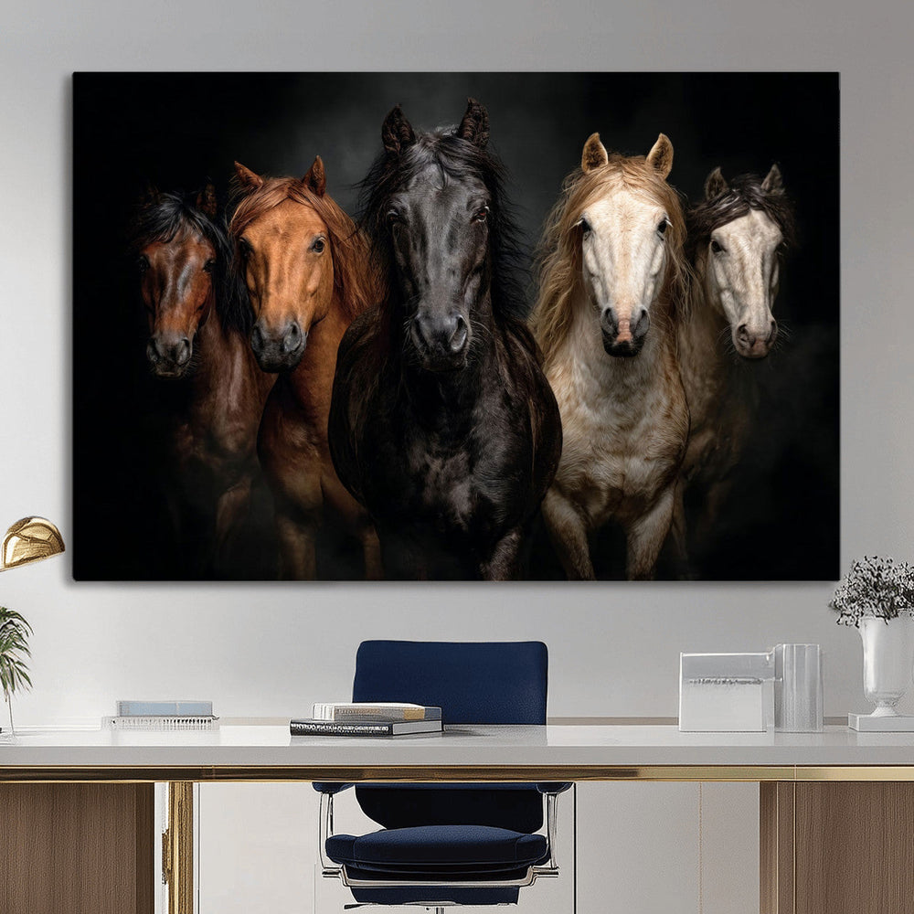 Horse Wall Art Canvas Print, Wild Horses Portrait Photography, Dramatic Equestrian Decor, Black Brown White Horse Herd, Rustic Ranch Art