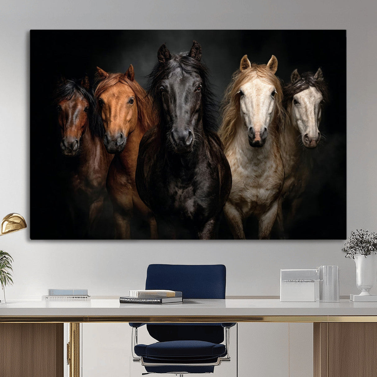 Horse Wall Art Canvas Print, Wild Horses Portrait Photography, Dramatic Equestrian Decor, Black Brown White Horse Herd, Rustic Ranch Art