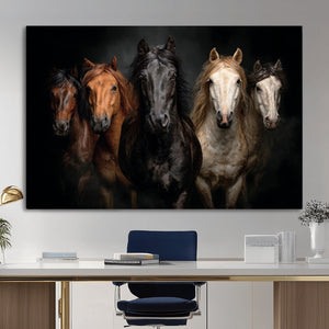 Horse Wall Art Canvas Print, Wild Horses Portrait Photography, Dramatic Equestrian Decor, Black Brown White Horse Herd, Rustic Ranch Art