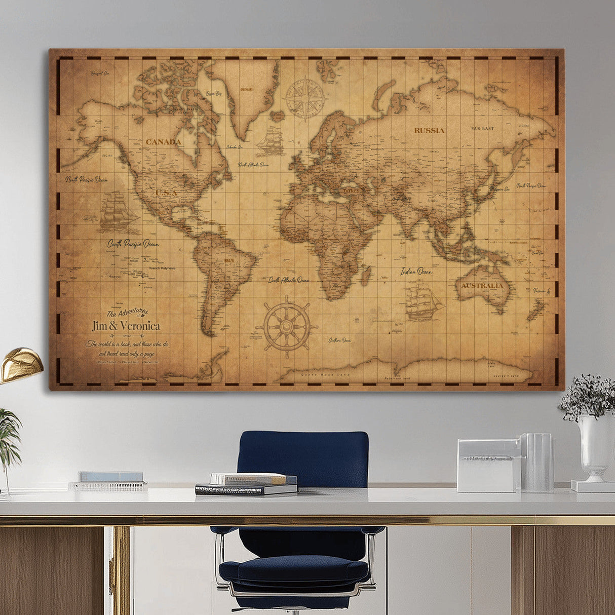 Personalized Push Pin World Map, Vintage Travel Map Canvas, Custom Names Anniversary Gift, Places Visited Pin Board, Couples Adventure Art