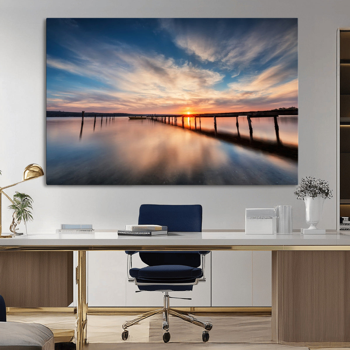 Wooden Pier on Seascape and Sunset Wall Art Canvas Print