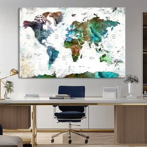 Modern Watercolor World Map Canvas Wall Art – Framed