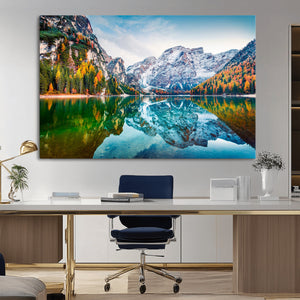 Spectacular autumn view of Braies Lake Wall Art Canvas Print