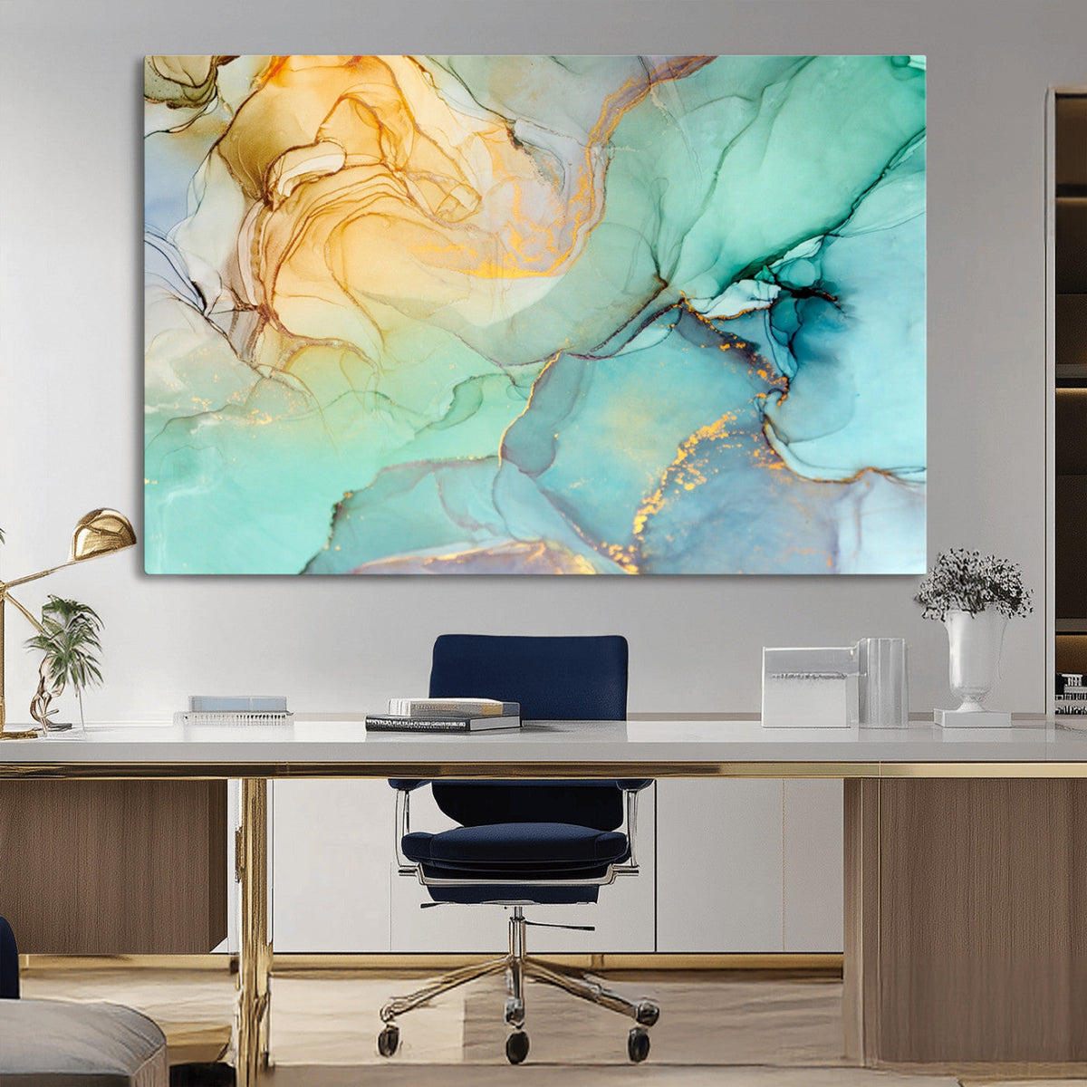 Abstract Aqua and Gold Fluid Wall Art Canvas | 3 Panel Large