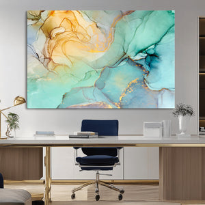 Abstract Aqua and Gold Fluid Wall Art Canvas | 3 Panel Large